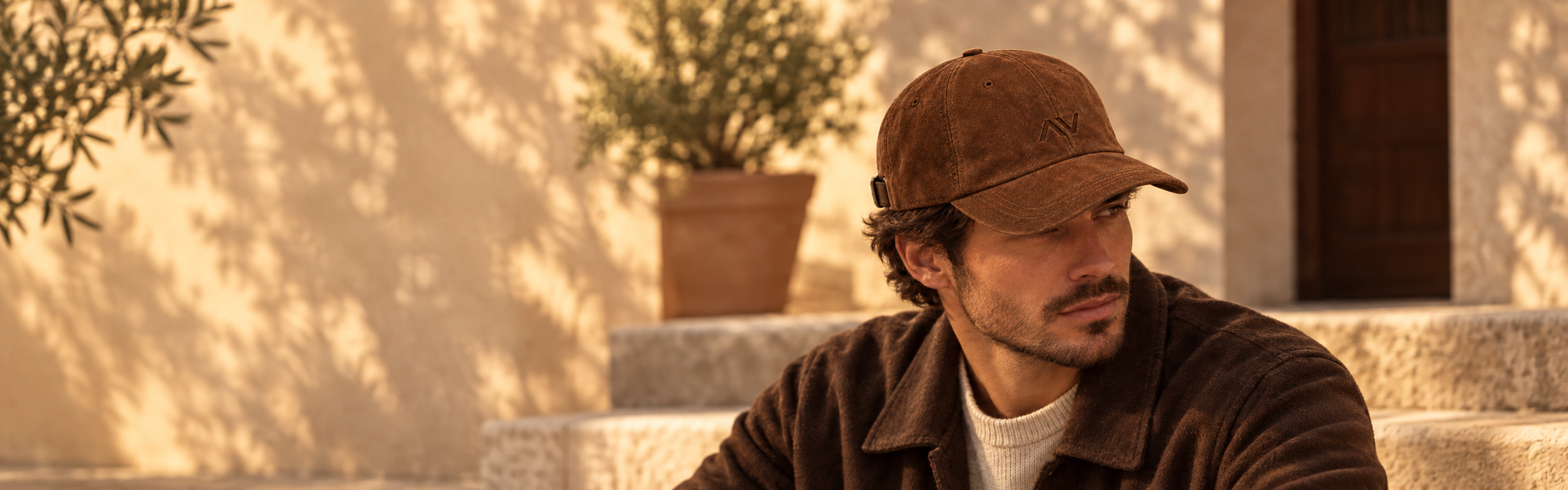 Man in Airvex brown cap on a sunlit Mediterranean step