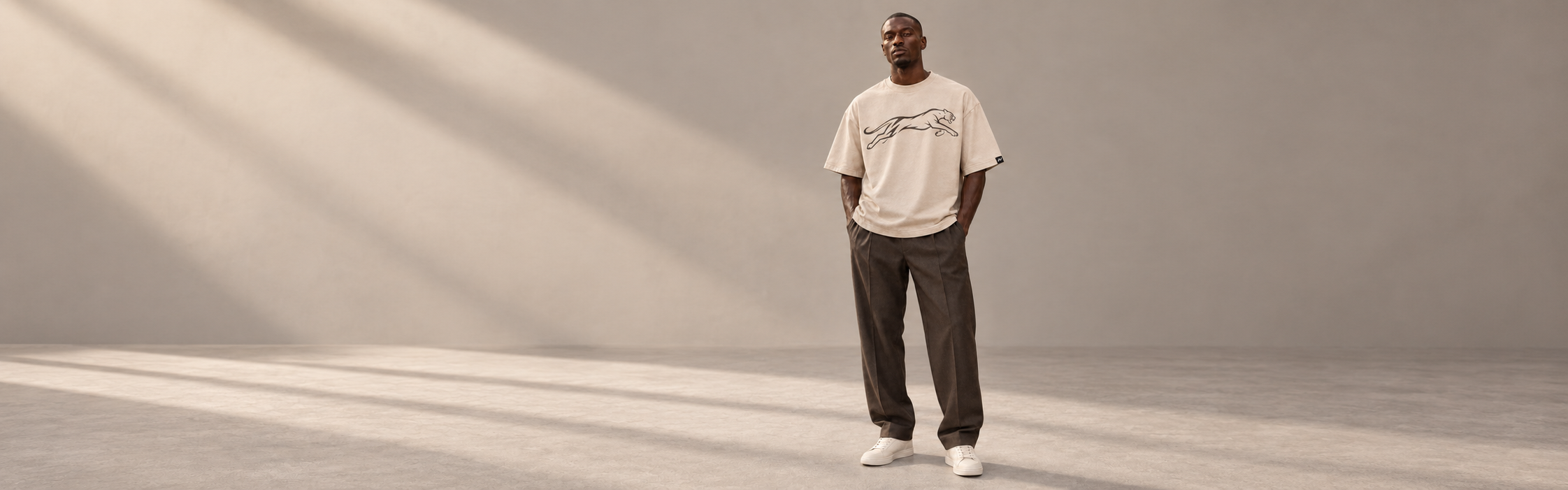 Airvex cream signature tee and trousers in a studio