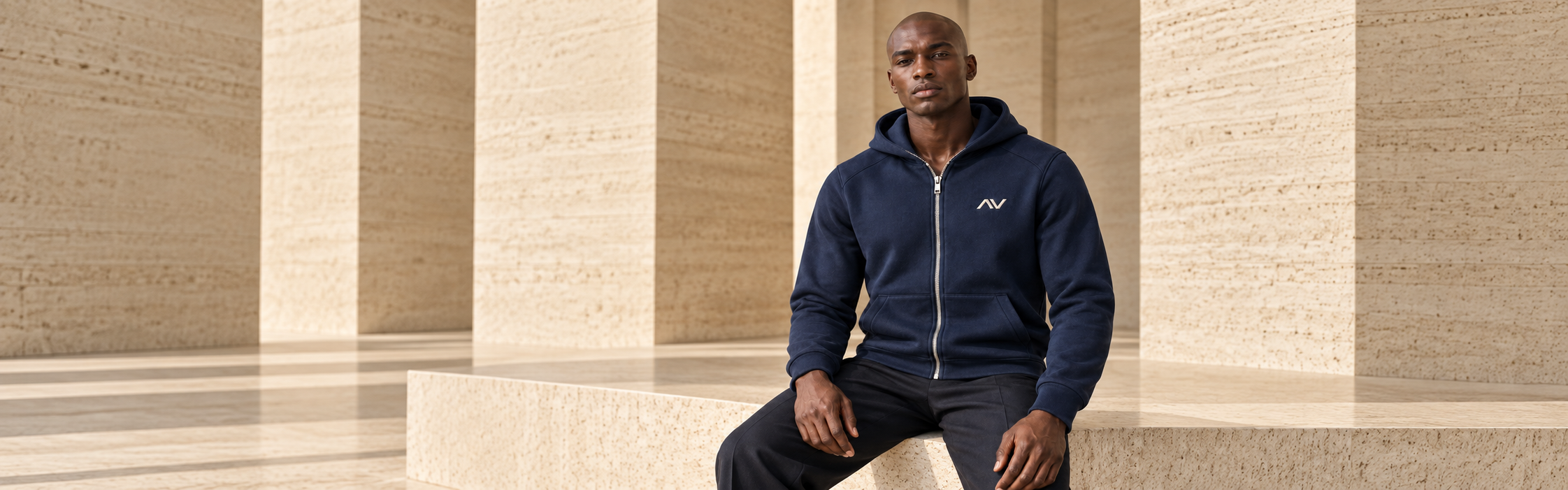 Navy Airvex hoodie against travertine columns