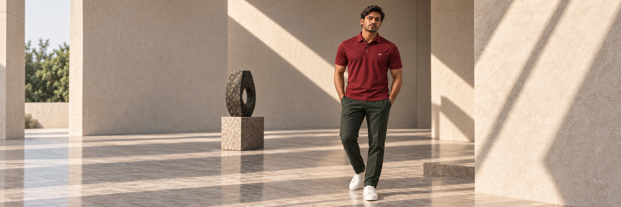 Man wearing burgundy Airvex polo in a stone plaza